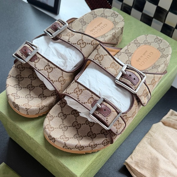 Gucci Beige and Brown Monogram Buckle Sandals - Picture 2 of 4